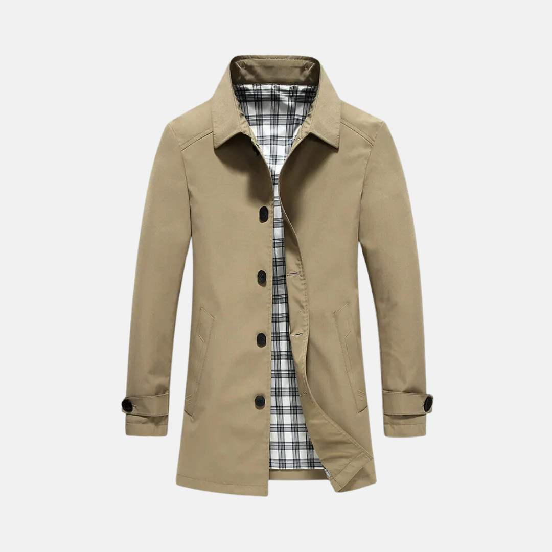 Men's mid-length slim fit jacket with plaid lining and classic lapel collar button closure
