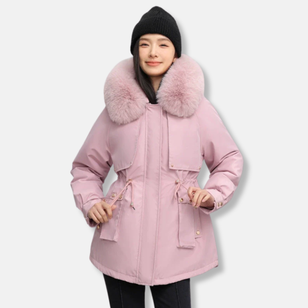 Women's weather-resistant mid-thigh parka jacket with faux fur collar and drawstring waist