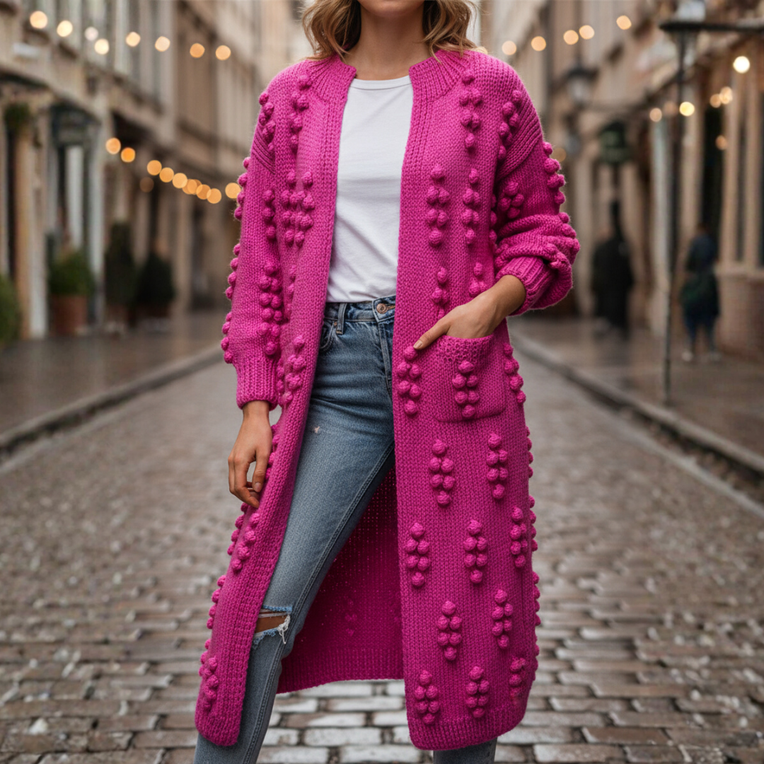 Women's long thick knit bohemian cardigan open-front cozy layering piece with 3D raised knitwork