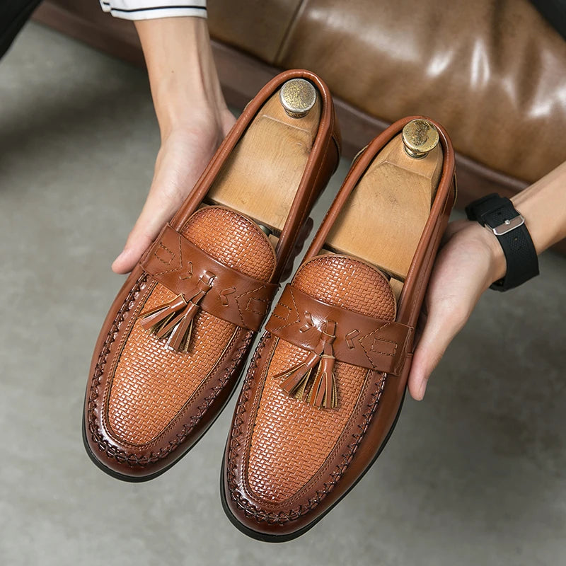 Belmont tan woven tassel loafers polished leather slip-on dress shoes modern gentleman comfort