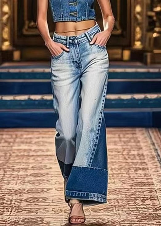 Art Denim bleu poches taille haute Patchwork pantalon court été - Urbann-Vibe