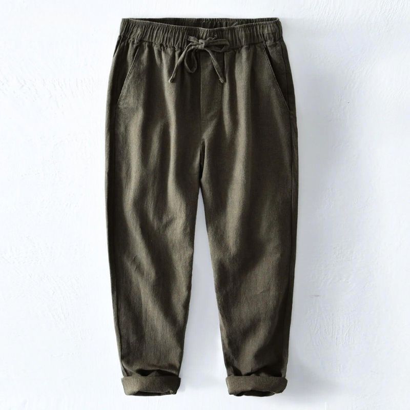 Beige cotton-linen blend unisex trousers with elastic drawstring waist, lightweight casual summer fit