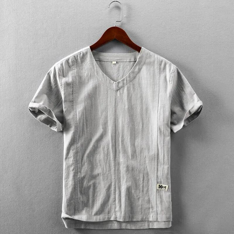 Unisex linen-cotton blend minimalist t-shirt in neutral tones with Japanese-inspired clean-line design
