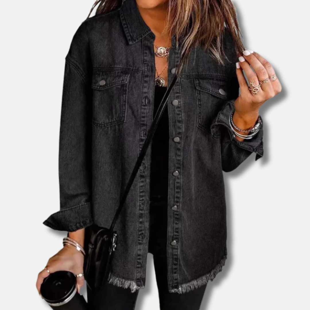 Women's oversized denim shacket with raw-edge frayed hem and button front for casual layering