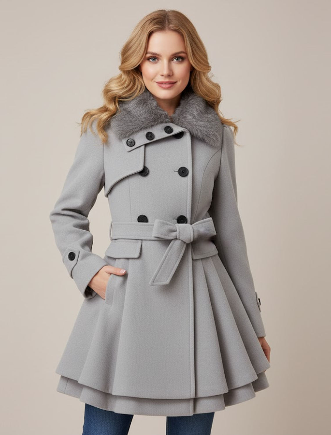 Women's double-breasted belted wool coat with faux fur collar, flared silhouette, elegant winter outerwear