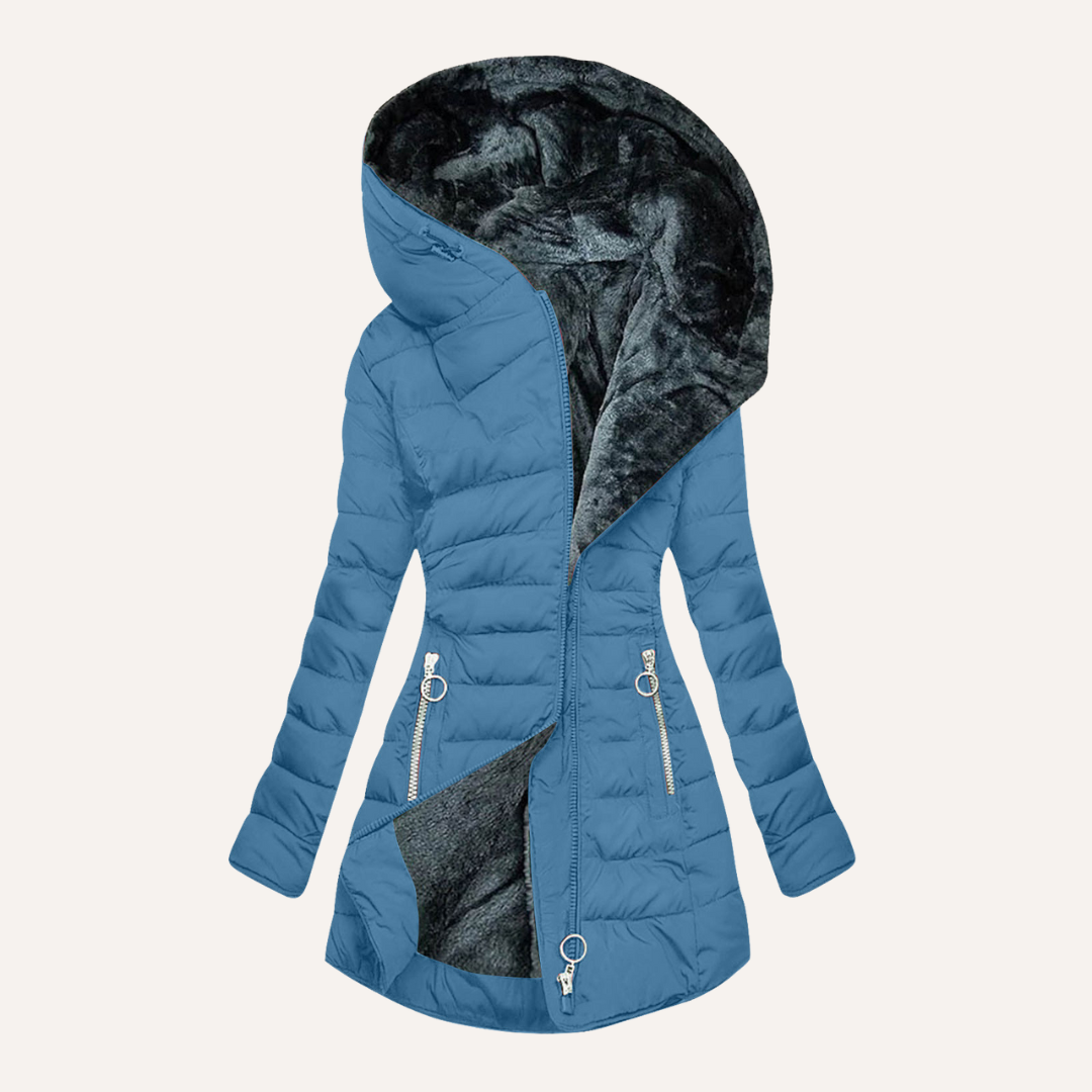 Black insulated puffer jacket waterproof quilted shell angled full-zip for cold wet weather outdoor use