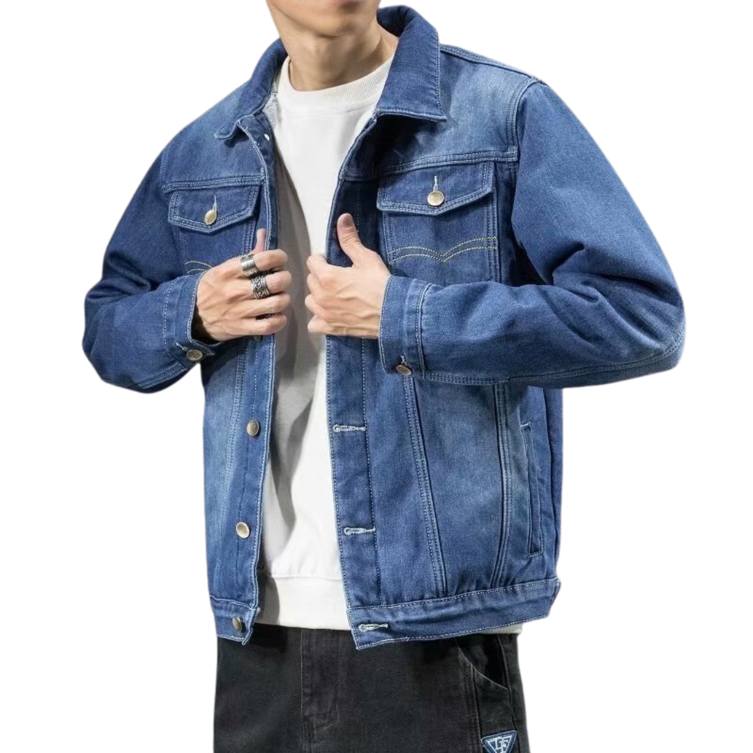 Men's navy blue winter denim jacket slim fit with warm fleece lining for cold weather
