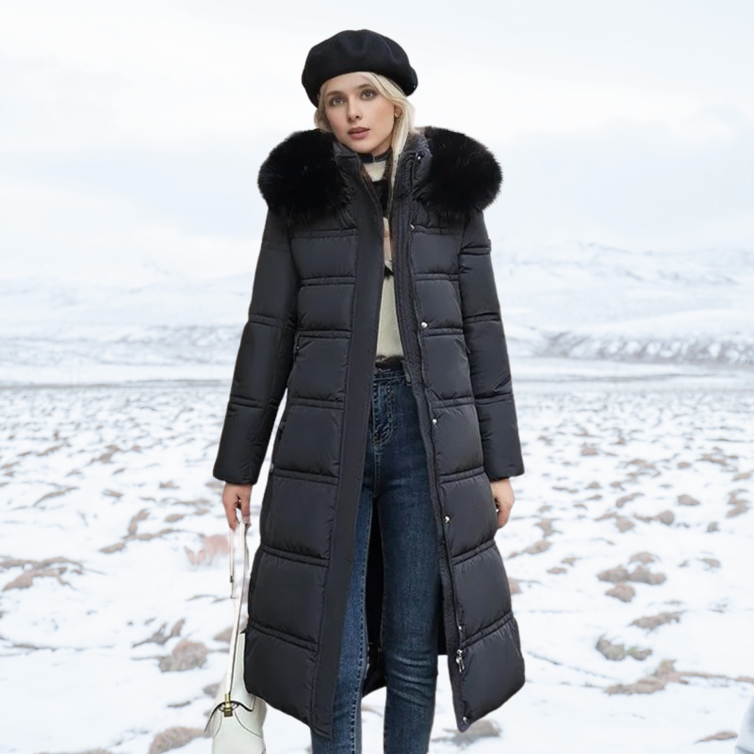 Women's black winter parka coat with detachable fur hood, weatherproof premium cold-weather outerwear