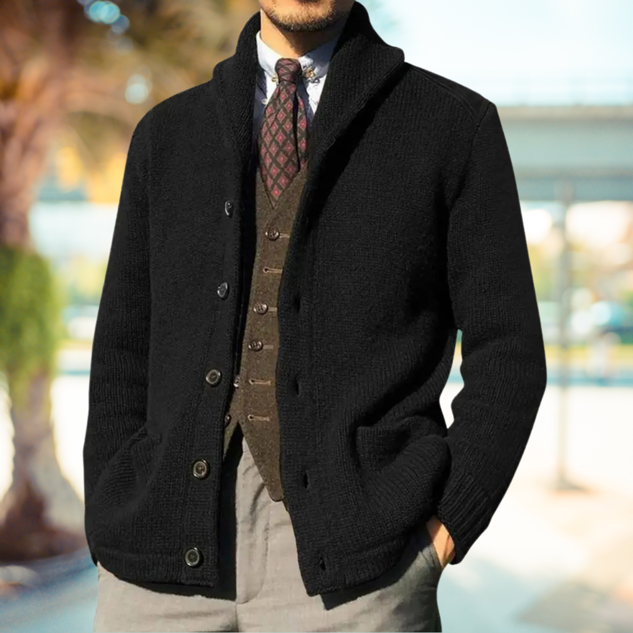 Men's shawl collar cardigan lightweight knit acrylic wool blend casual semi-formal everyday style