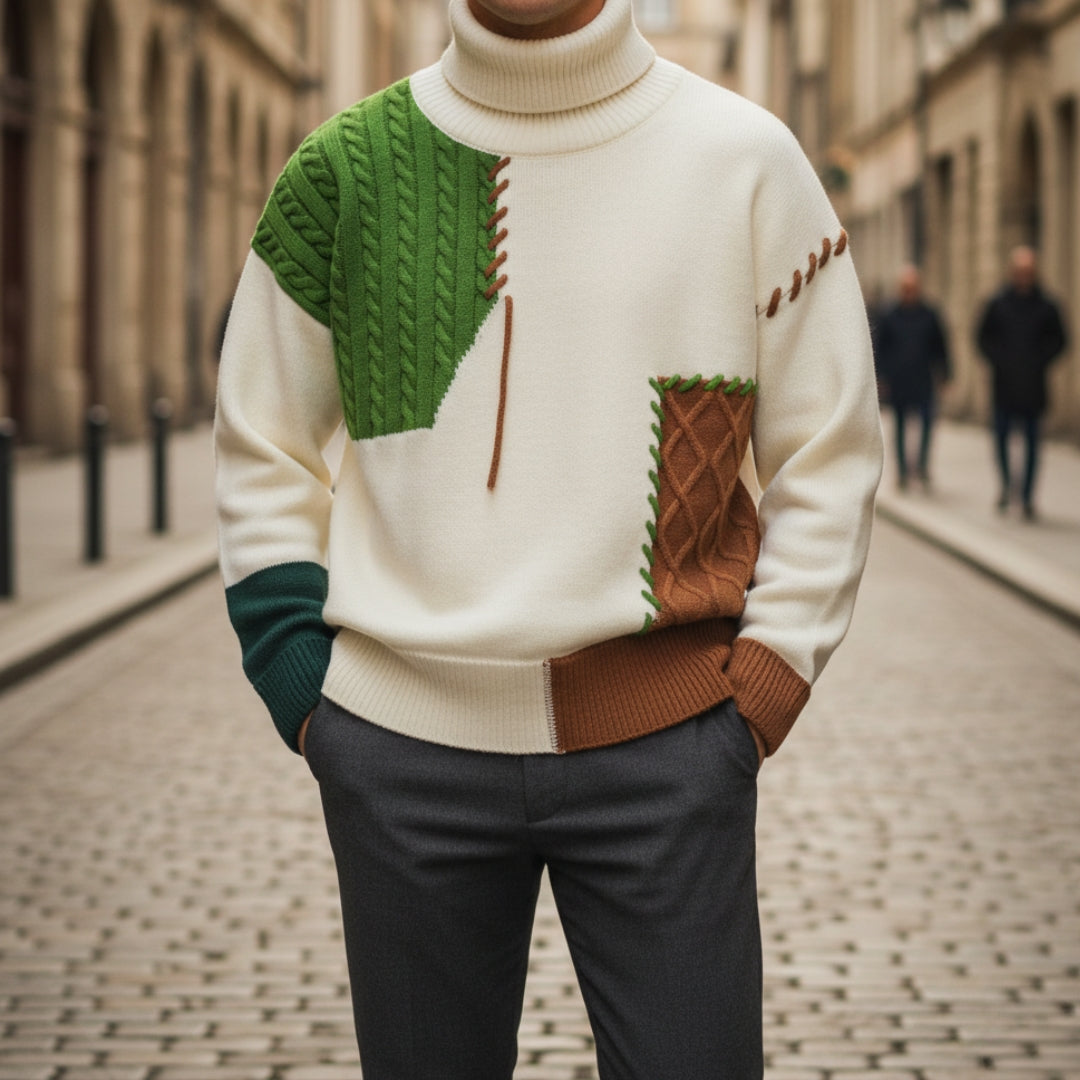 Men's wool patchwork shirt with varied textures, bold colors, and handcrafted seams for modern style