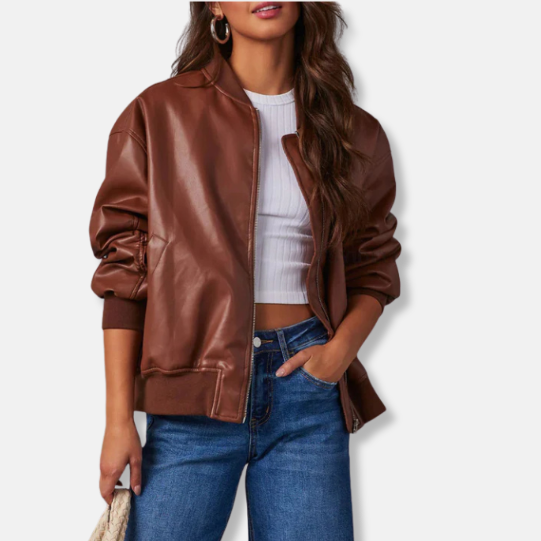 Women's black oversized PU leather jacket relaxed fit full zip with ribbed trim detailing