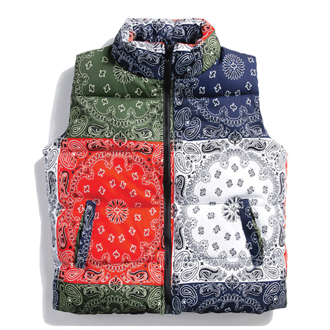 Unisex quilted puffer vest with paisley pattern, lightweight modern silhouette for casual layering