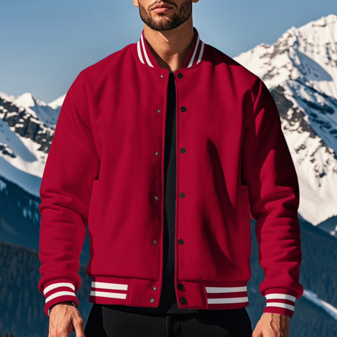 Men's smooth fabric bomber jacket with stand collar and snap button closure for versatile casual layering