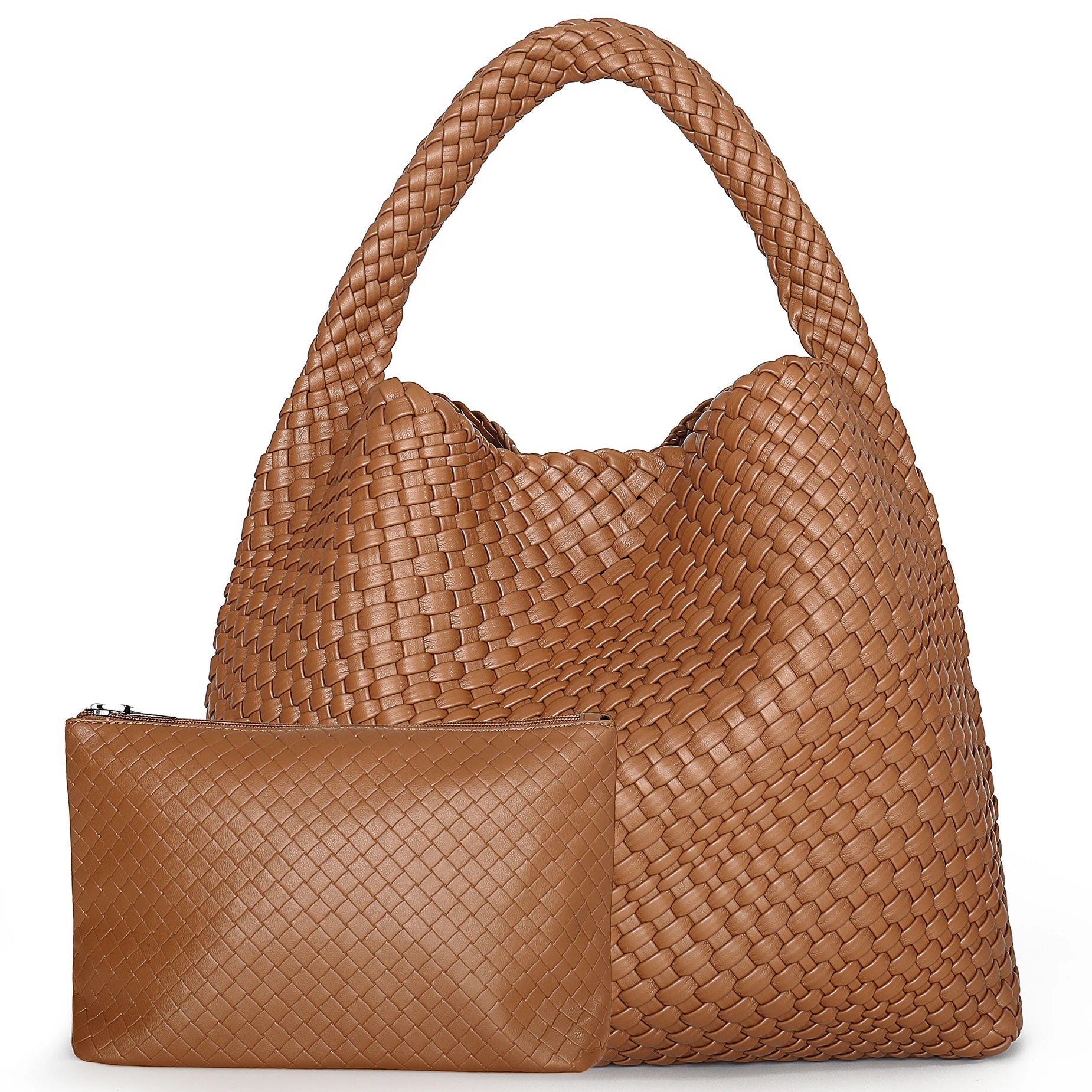 Renza vegan leather woven tote bag in basketweave texture with magnetic closure shoulder strap