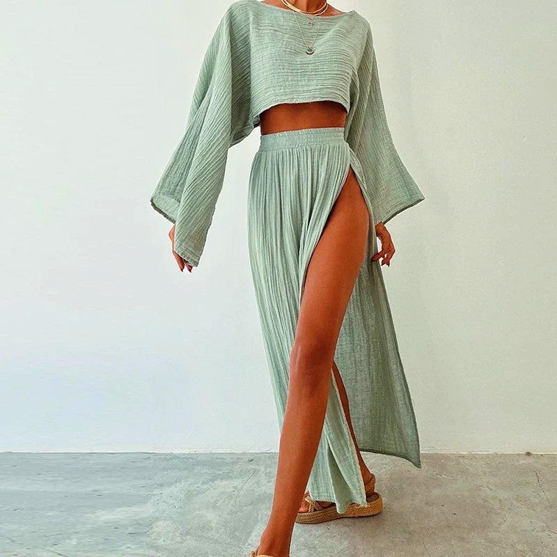 Women's linen two-piece crop top and slit skirt set, relaxed summer fit in natural breathable fabric
