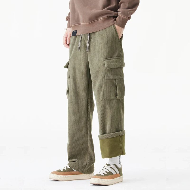 Men's brown corduroy fleece-lined pants with multi-pocket design for cold-weather outdoor style