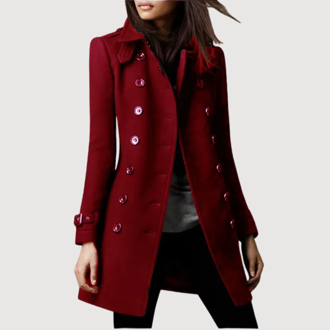 Beige double-breasted trench coat tailored silhouette smooth structured fabric urban professional style