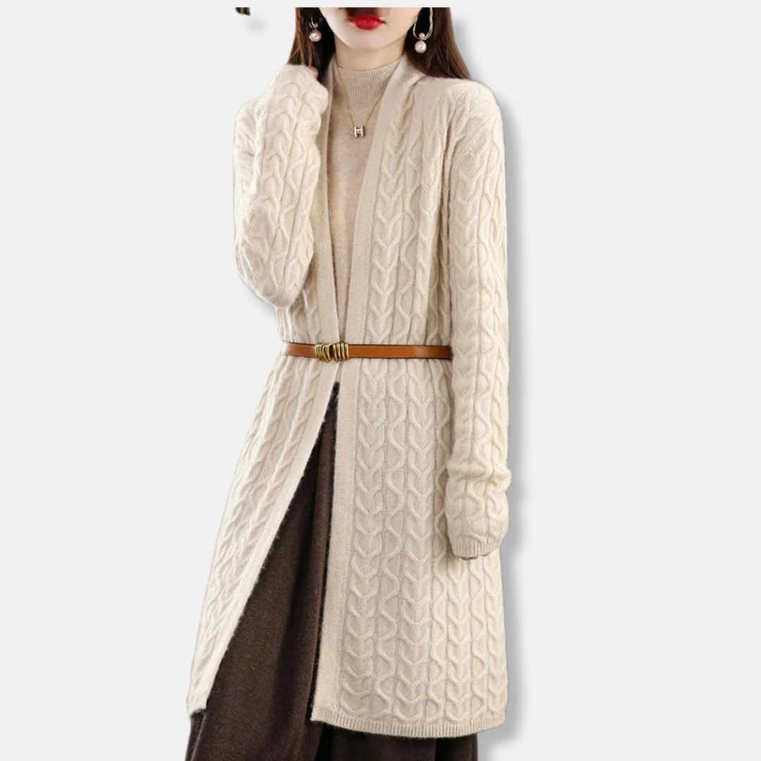 Women's cream cable knit belted cardigan relaxed fit with rich textured pattern cozy everyday style