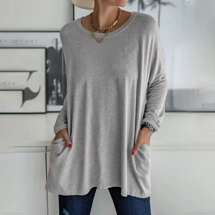Women's cozy soft knit pullover sweater in neutral tones, relaxed fit with easy layering design