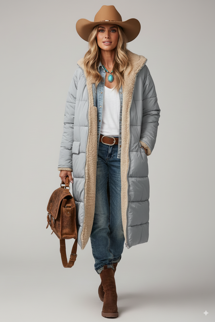 Women's long quilted jacket relaxed fit fleece collar fully lined warm winter outerwear