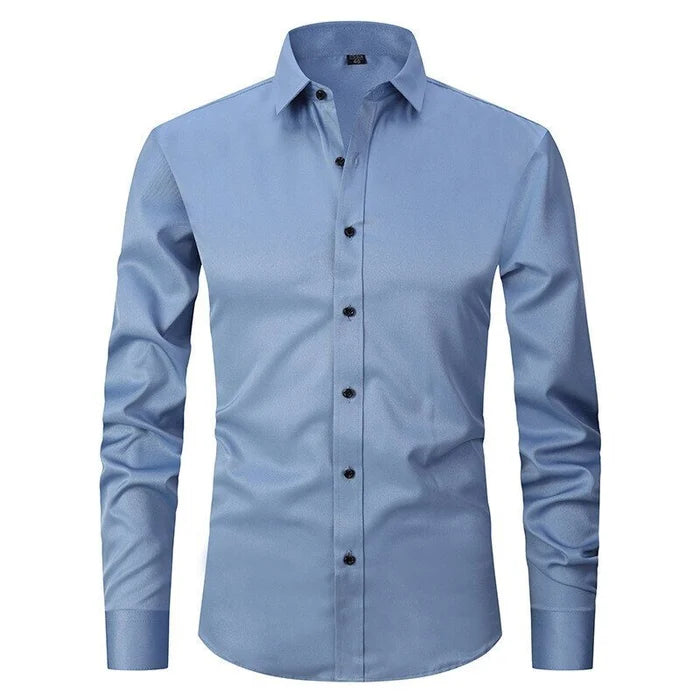 White slim fit men's dress shirt with breathable stretch fabric and non-iron button front closure