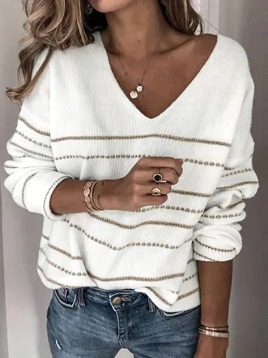 Unisex V-neck striped sweater comfort fit casual knit with classic timeless stripe pattern