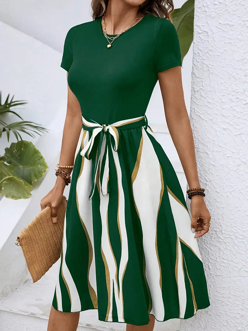 Women's striped short sleeve casual dress lightweight breathable fabric spring summer easy care