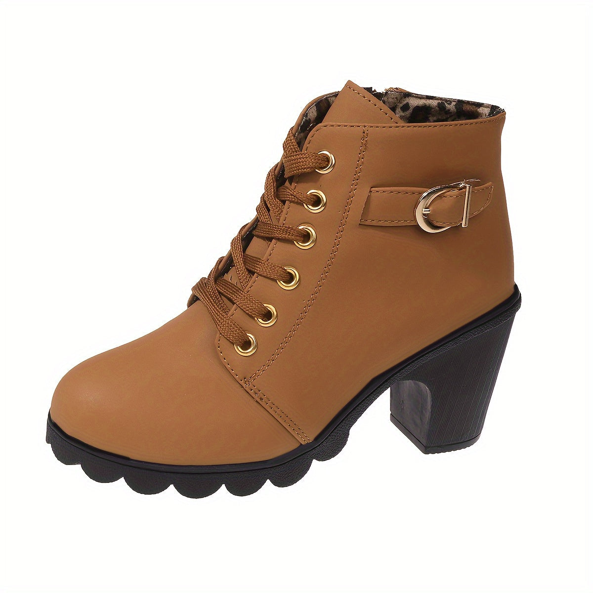Women's black lace-up ankle boots with chunky heel and side zipper, versatile everyday fashion footwear