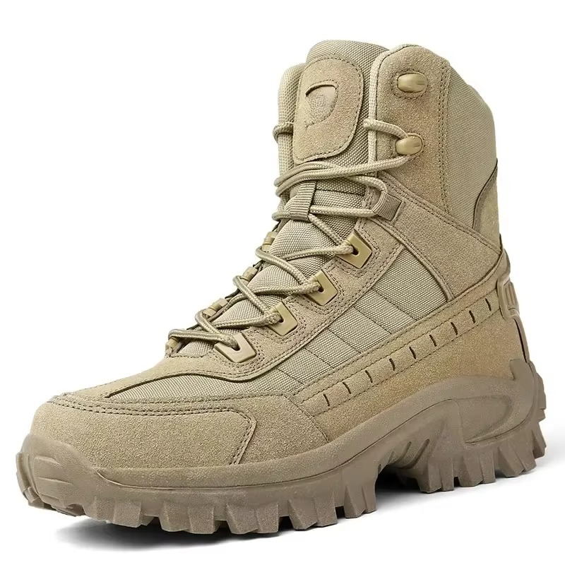 Men's desert tan combat tactical boots with ankle-height support, rugged outsole for hiking and outdoor work