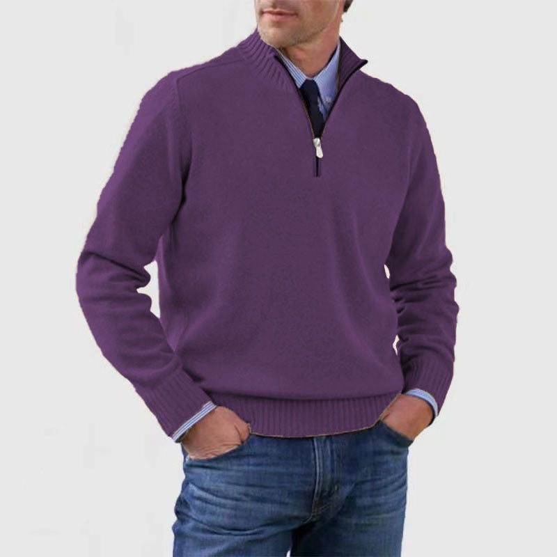 Men's cotton knit mock neck sweater with short zipper, warm casual style in modern everyday fit