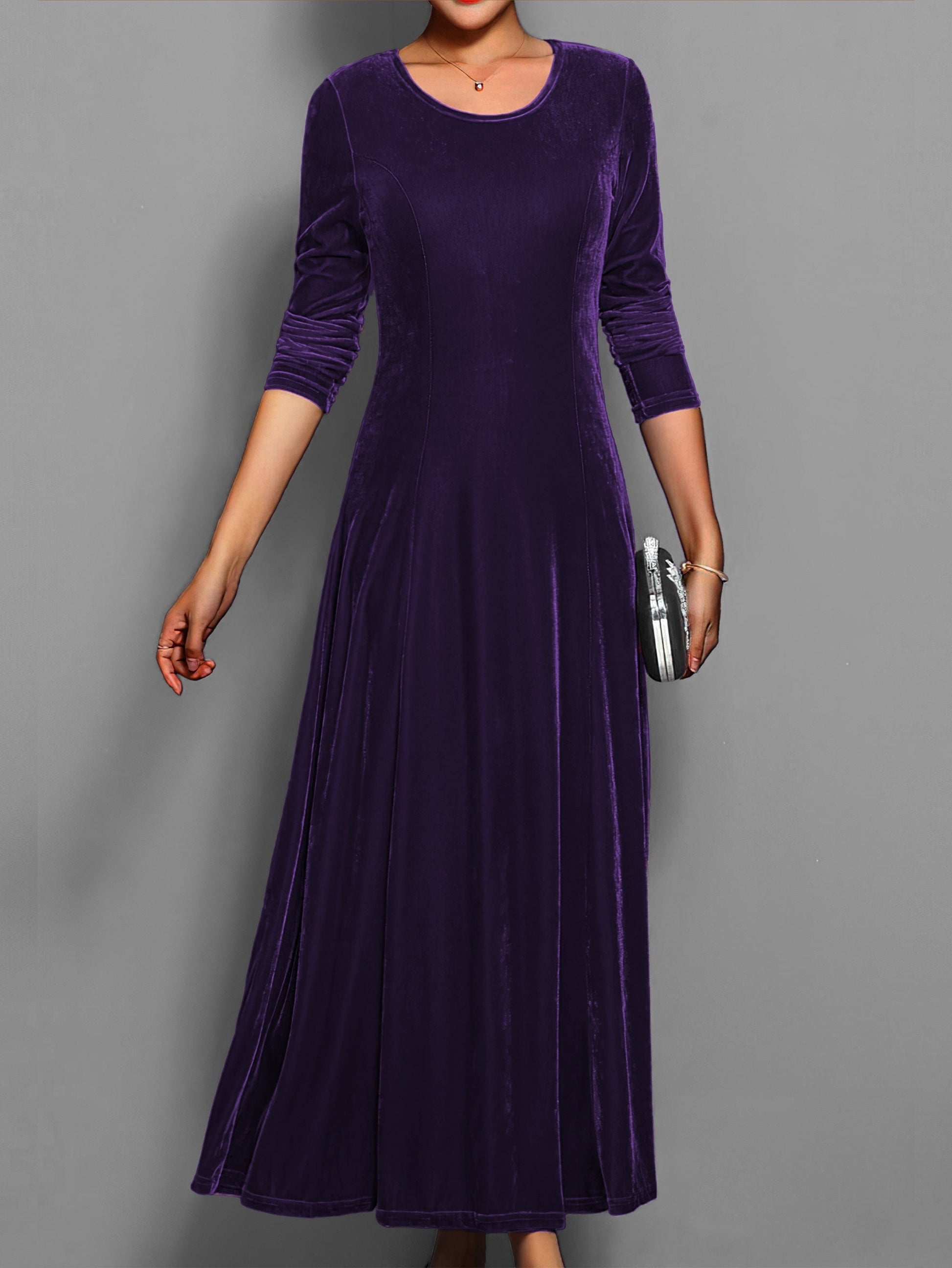 Women's navy velvet formal gown long sleeve elegant party dress with flattering curve-hugging silhouette