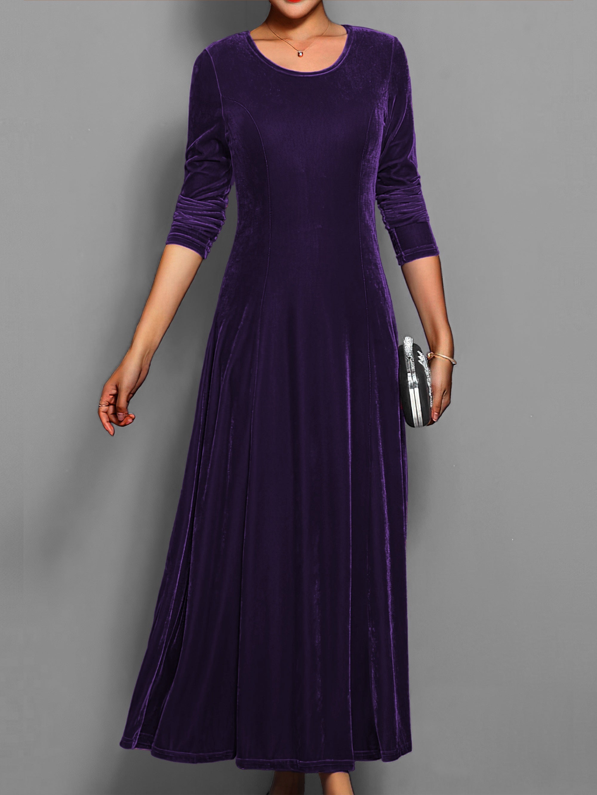 Women's navy velvet formal gown long sleeve elegant party dress with flattering curve-hugging silhouette