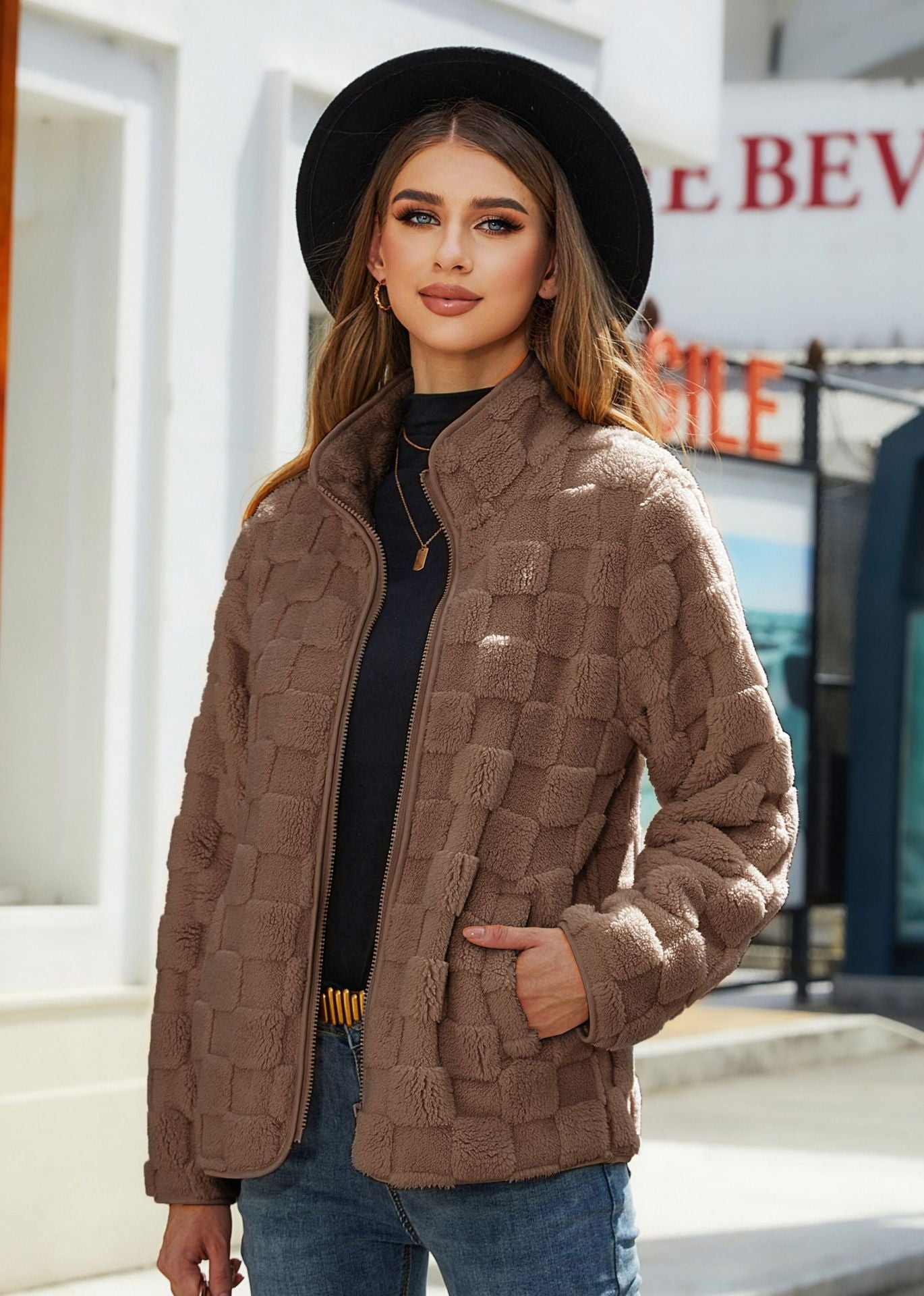Women's cozy fleece zip-front jacket plaid pattern high collar relaxed fit winter warmth