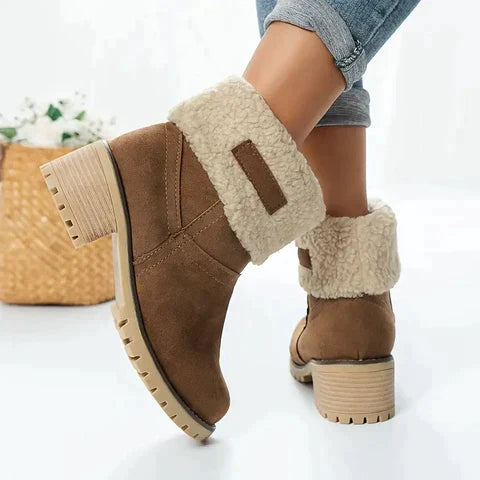 Women's suede look mid-height block heel boots with faux fur trim, non-slip sole