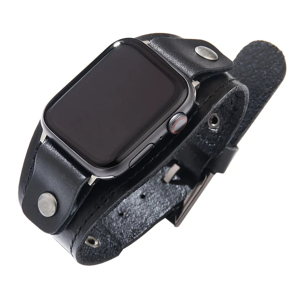 Rugged full-grain leather wide cuff Apple Watch band in natural brown, bold adventurer style