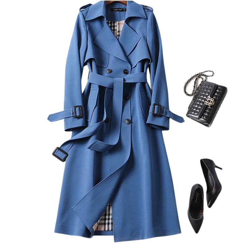 Women's longline beige trench jacket structured tailored silhouette double-breasted belted coat