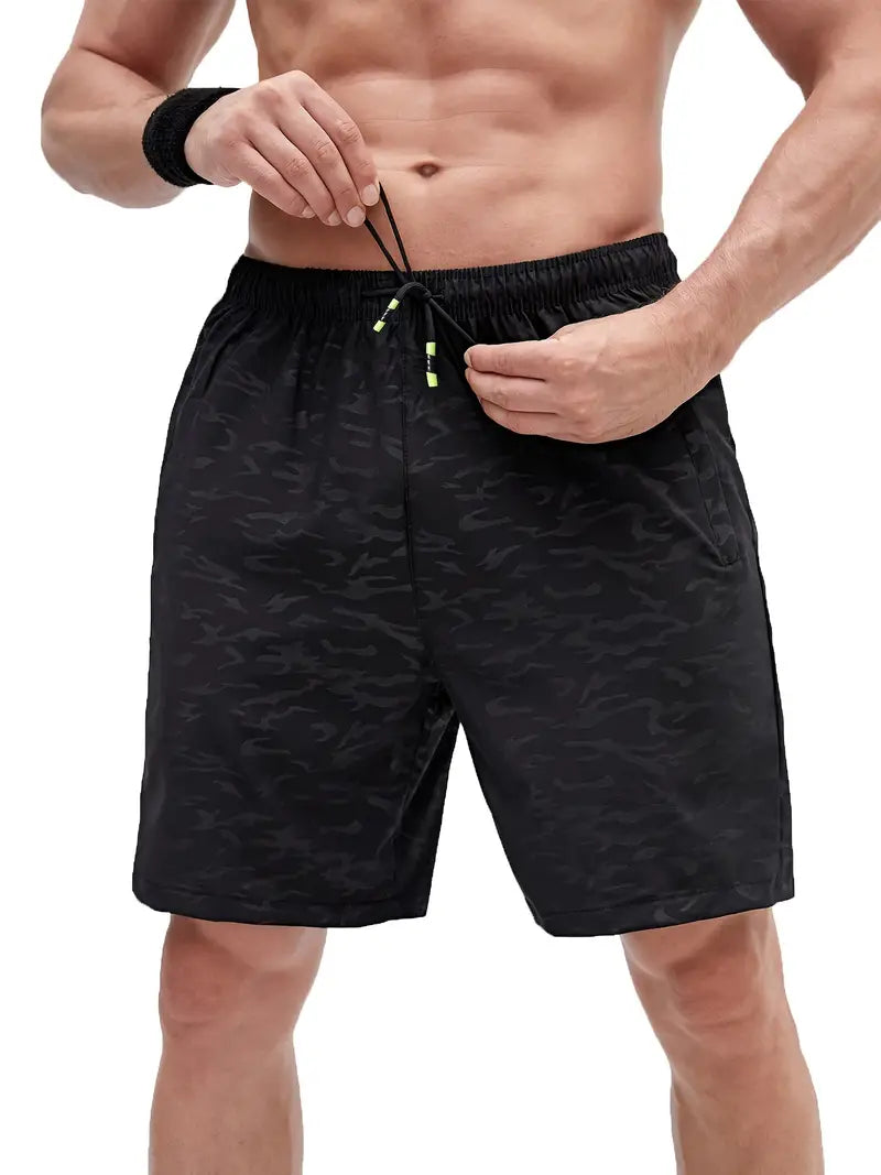 Men's gray athletic shorts slim fit breathable fabric with secure zippered pockets for gym