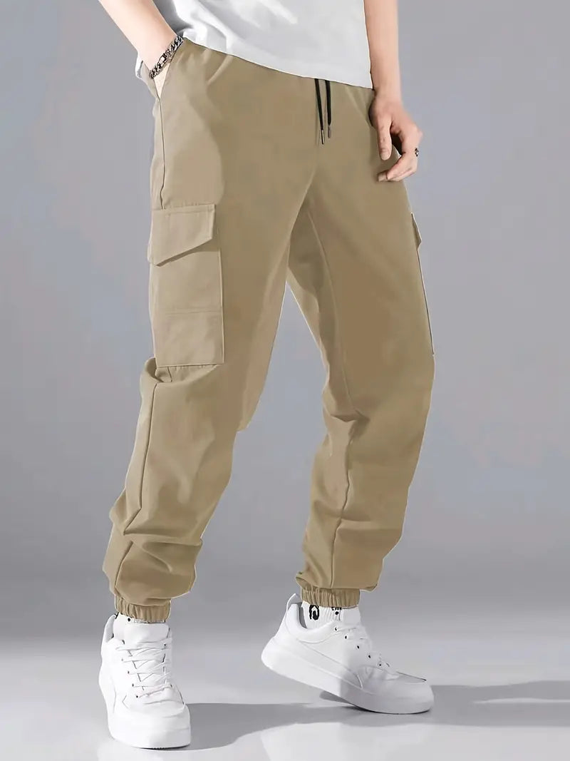 Men's relaxed fit outdoor cargo pants durable fabric spacious side cargo pockets casual style