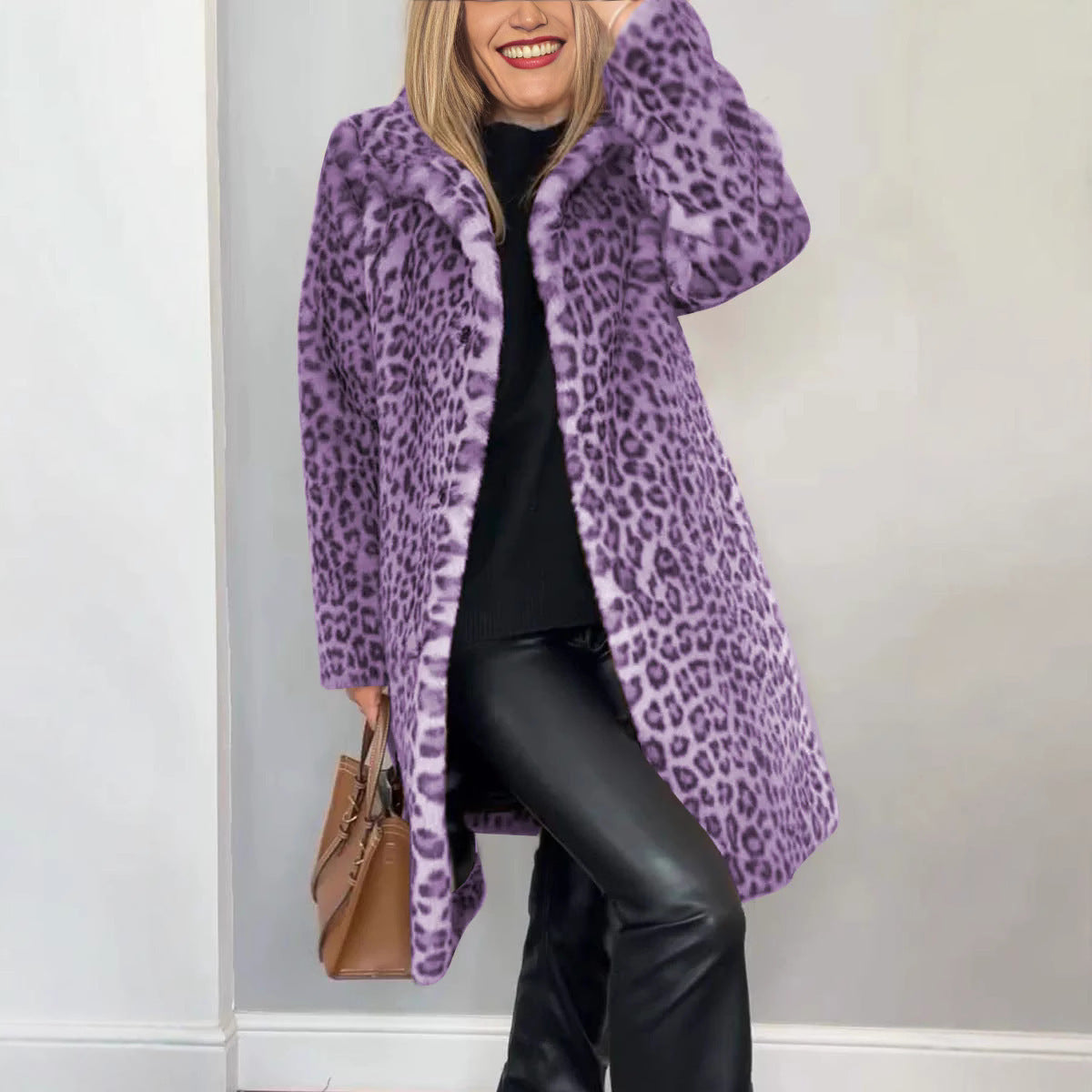Women's mid-length leopard print faux fur coat, soft wool-feel fabric with spandex stretch