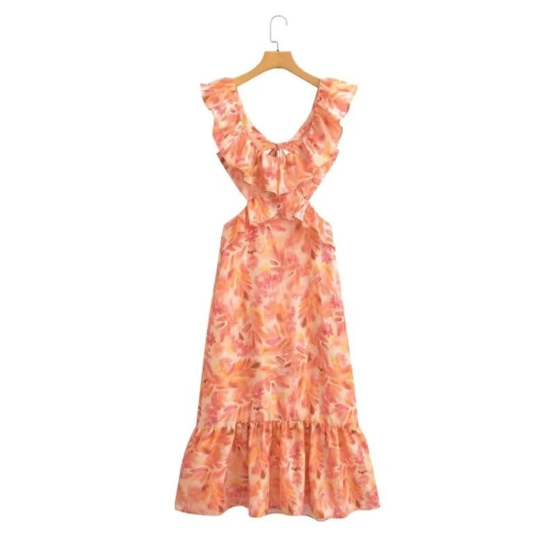 Women's boho maxi dress, watercolor orange pink yellow ruffled V-neckline, sleeveless high-waist summer party