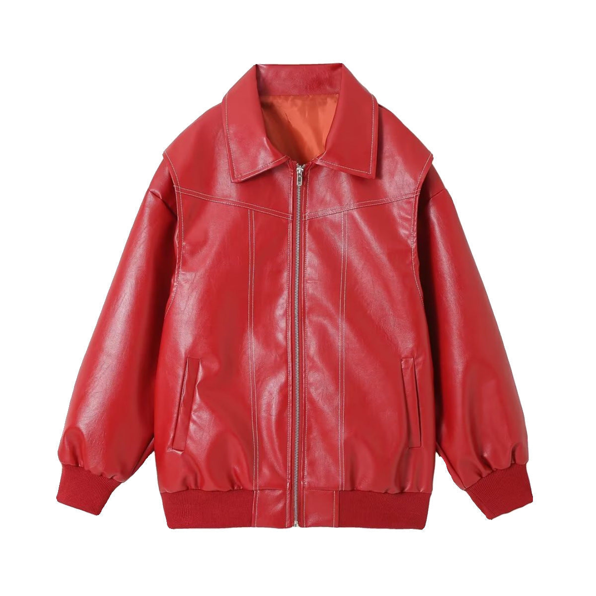 Women's black oversized faux leather motorcycle jacket with zip closure and edgy contemporary silhouette