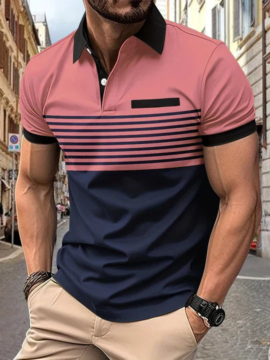 Men's striped polo shirt breathable lightweight fabric classic horizontal stripes casual summer fit