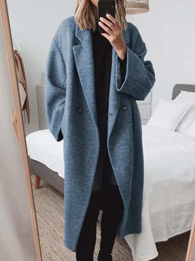 Women's caramel oversized long coat double-breasted minimalist elegant relaxed silhouette