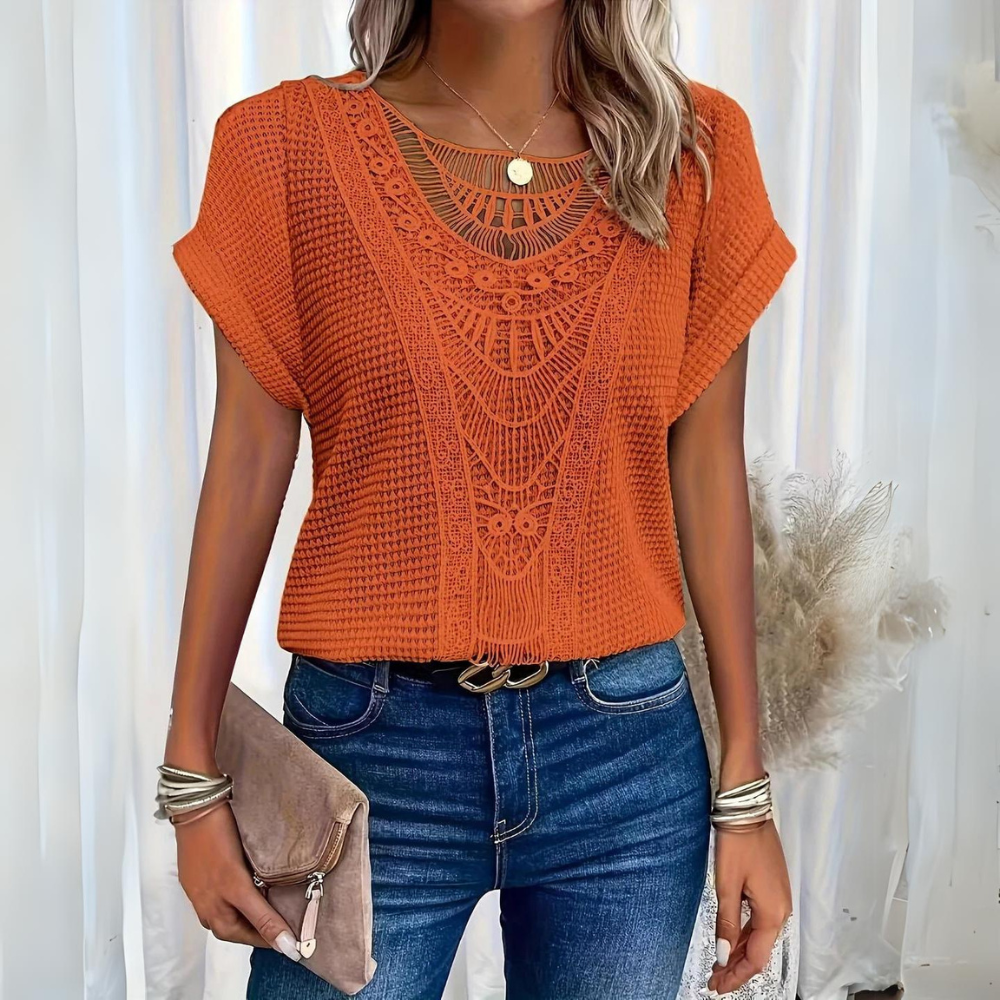 Women's white lace patchwork hollow short sleeve top with featherlight breathable fabric elegant cut