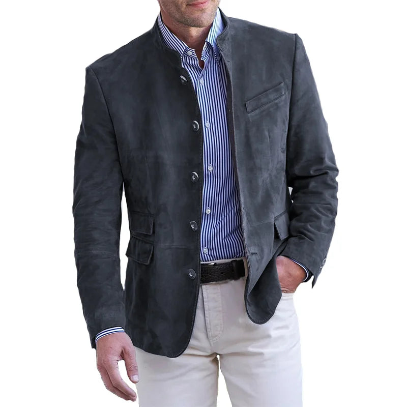Men's brown suede blazer tailored fit Mandarin collar single-button Nordic minimalist style