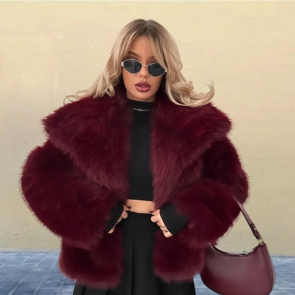 Women ivory oversized faux fur coat plush texture statement collar luxury winter style