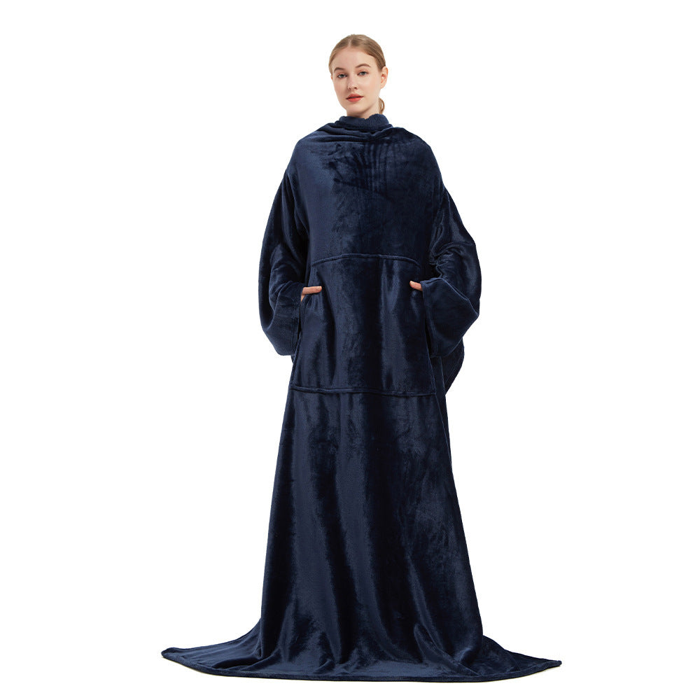 Soft portable fleece blanket wrap with front pocket loose fit for home and travel warmth