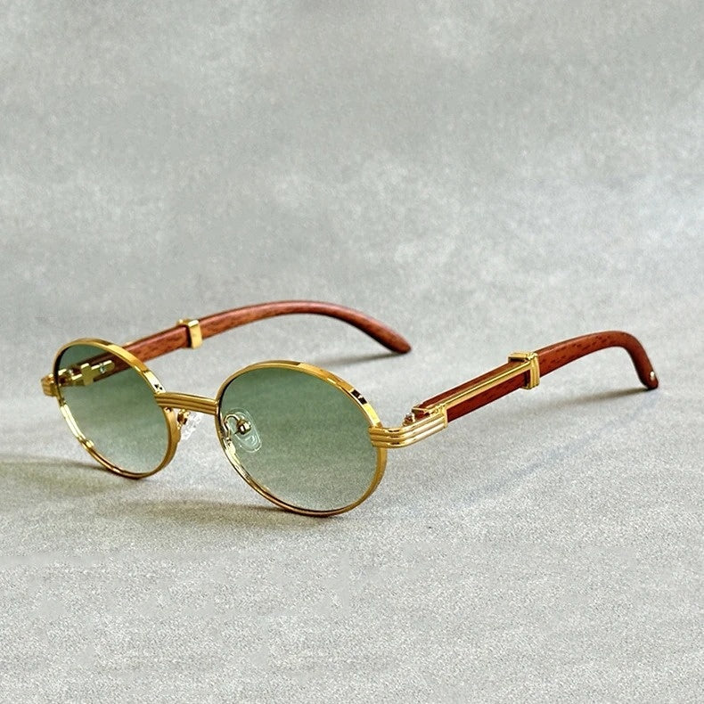 Solé round woodgrain sunglasses with gold detailing and UV400 protection, vintage-inspired lightweight frames