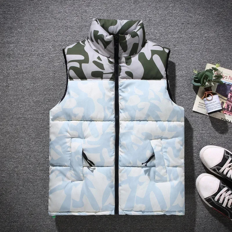 Lightweight insulated camo puffer vest for men, bold outdoor style with water-resistant quilted design