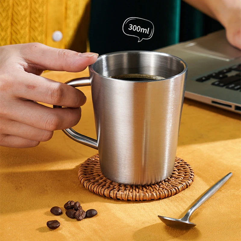 Premium stainless steel insulated mug 300ml double-wall metallic finish dishwasher safe hot cold beverages